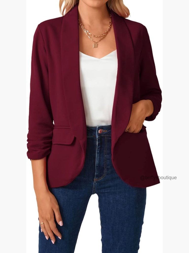 Lightweight Blazer With 3/4 Ruched Sleeves Shawl Collar Open Front Pockets